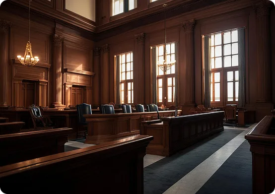 Courtroom Interior with Judge's Bench and Jury Seating Courtroom Interior with Judge's Bench and Jury Seating